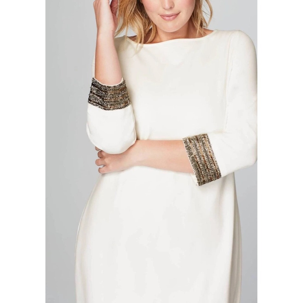 New Christian Siriano x J.Jill Cream Ponte Knit Beaded Cuff Dress Large Tall LT - Picture 3 of 16
